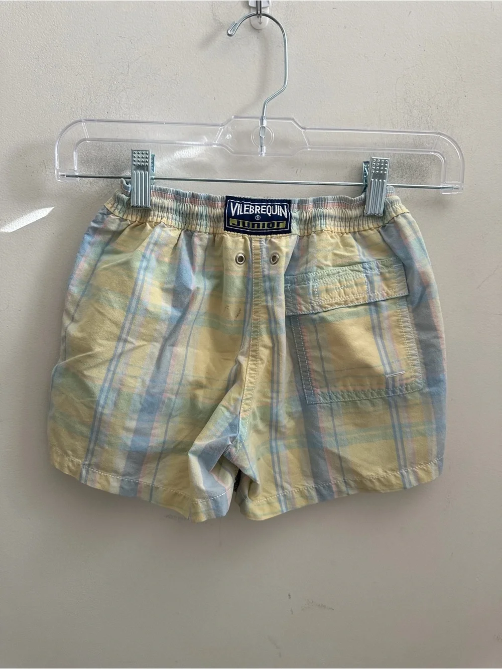 Vilebrequin Junior Boys Plaid Swim Trunks Size 8 Pastel Blue Yellow Mesh Lined